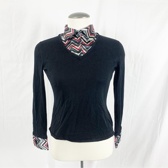 Zack's Tops - Zacks Black Knit V-Neck Sweater with Chevron Print Collar & Cuffs (S)